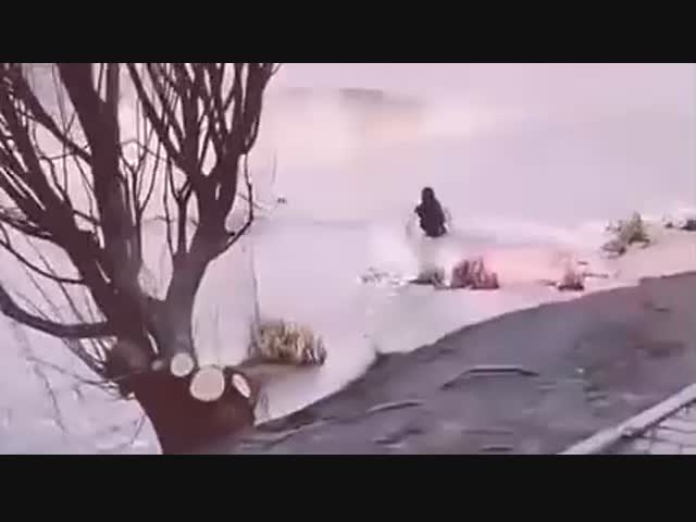 Девушка спасает свою собаку, которая выбежала на лёд за уткой
