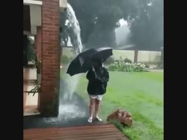 Женщина проверила новый зонтик в дождливую погоду