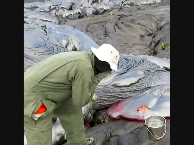 Геолог собирает образцы лавы действующего вулкана