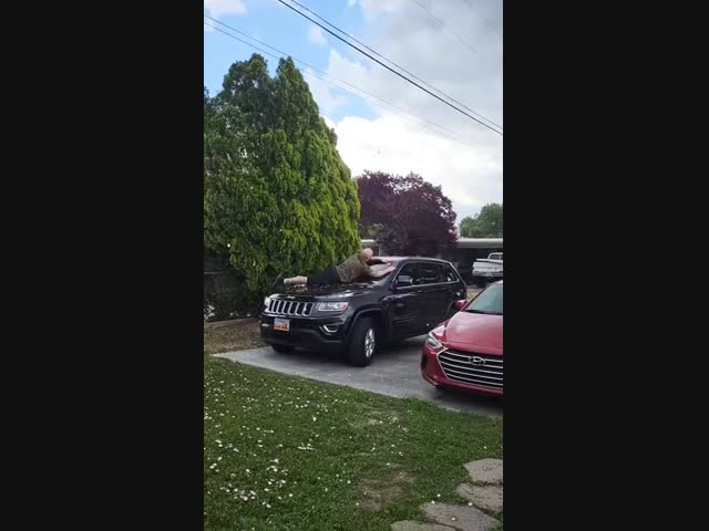 Водитель спасает свою машину от града